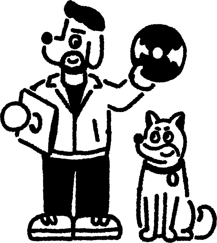 Illustratie: man met vinylplaat en hond